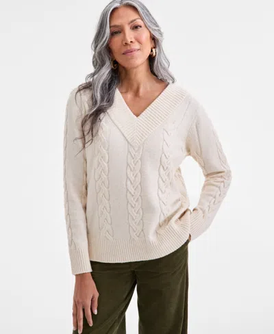 Style & Co Women's Cable-knit V-neck Sweater, Macy's Exclusive In Neutral