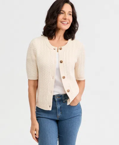 Style & Co Women's Cable-knit Short-sleeve Crewneck Cardigan, Macy's Exclusive In Neutral