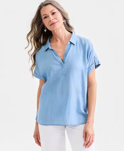Style & Co Women's Chambray Collared Popover Top, Macy's Exclusive In Blue