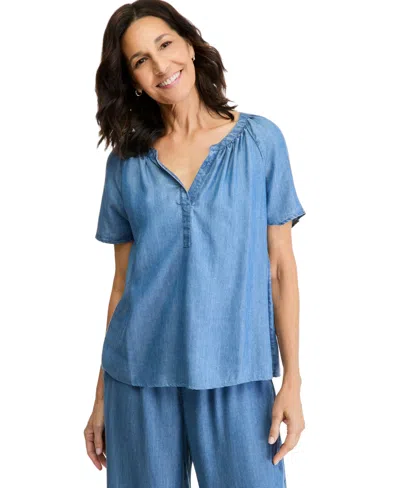 Style & Co Women's Chambray Flutter-sleeve Blouse, Macy's Exclusive In Blue
