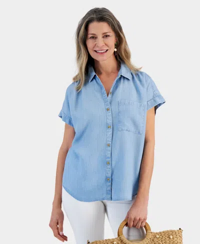 Style & Co Women's Chambray Short-sleeve Button-down Shirt, Created For Macy's In Emma Wash