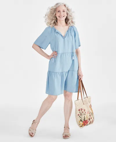 Style & Co Women's Chambray Split-neck Tiered Dress, Created For Macy's In Emma Wash