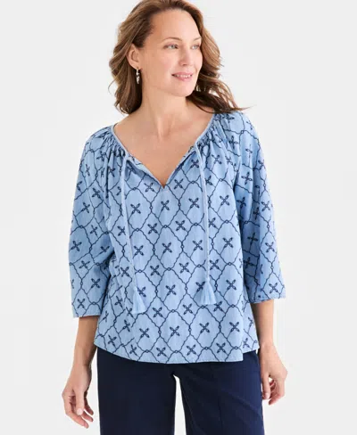 Style & Co Women's Chambray Split-neck Embroidery Top, Macy's Exclusive In Blue