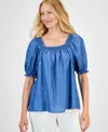 Style & Co Women's Chambray Square-neck Smocked Top, Exclusively At Macy's