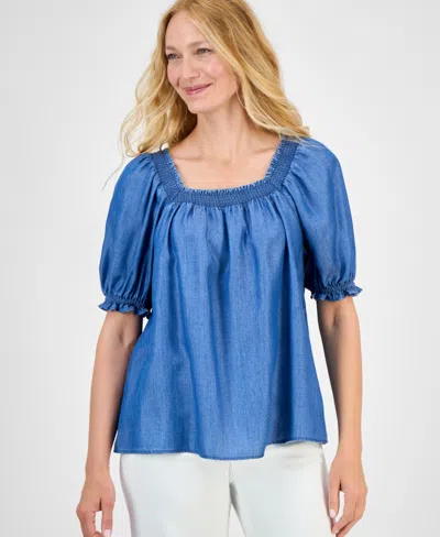 Style & Co Women's Chambray Square-neck Smocked Top, Exclusively At Macy's In Black