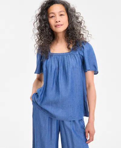 Style & Co Women's Chambray Square-neck Top, Exclusively At Macy's In Black