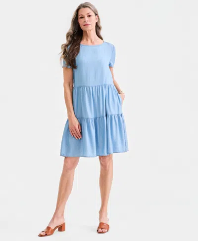 Style & Co Women's Chambray Tiered Dress, Macy's Exclusive In Blue
