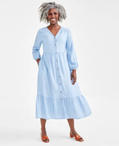 Style & Co Petite Chambray V-neck Tiered Shirtdress, Created For Macy's In Emma Wash