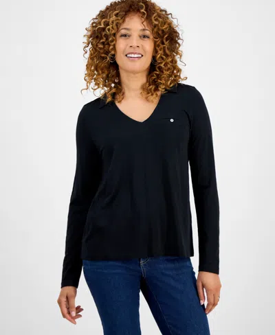 Style & Co Women's Collared V-neck Long-sleeve Knit Top, Exclusively At Macy's In Black
