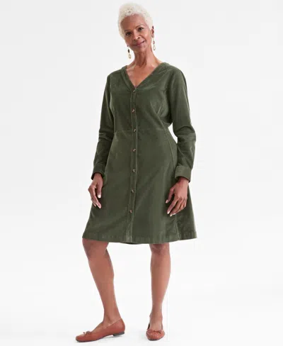 Style & Co Women's Corduroy Button-front V-neck Dress, Macy's Exclusive In Green