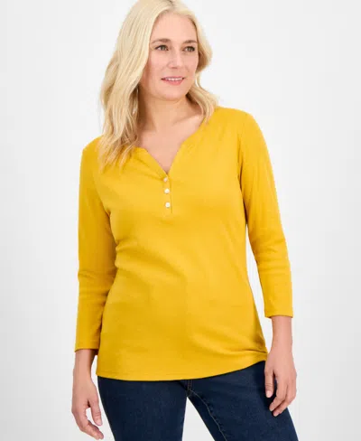 Style & Co Women's Cotton 3/4-sleeve Henley Tee, Created For Macy's In Orange
