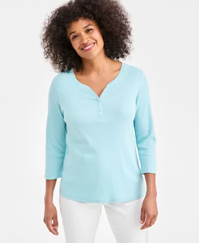 Style & Co Women's Cotton 3/4-sleeve Henley Tee, Created For Macy's In Blue