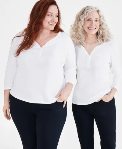 Style & Co Women's Cotton 3/4-sleeve Henley Tee, Created For Macy's In Bright White