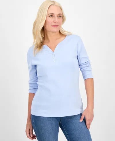 STYLE & CO WOMEN'S COTTON 3/4-SLEEVE HENLEY TEE, CREATED FOR MACY'S