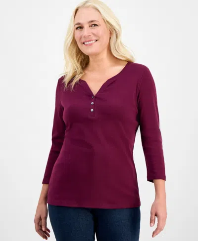Style & Co Women's Cotton 3/4-sleeve Henley Tee, Created For Macy's In Multi