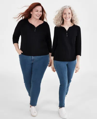 Style & Co Women's Cotton 3/4-sleeve Henley Tee, Created For Macy's In Deep Black