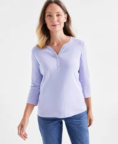 Style & Co Petite Cotton Knit Henley 3/4-sleeve Top, Created For Macy's In Moonlit Iris