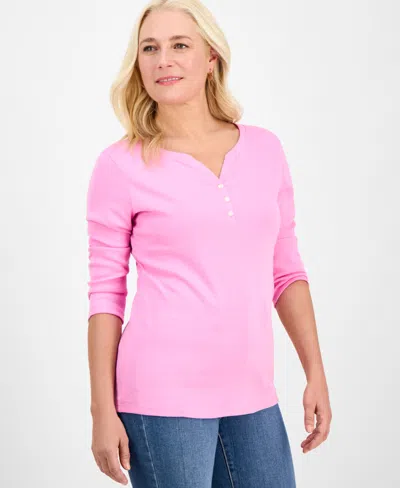 Style & Co Women's Cotton 3/4-sleeve Henley Tee, Created For Macy's In Pink