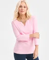 Style & Co Women's Cotton 3/4-sleeve Henley Tee, Created For Macy's In Pink