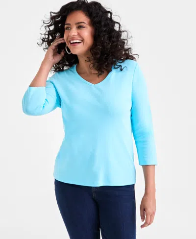 Style & Co Women's Cotton 3/4-sleeve V-neck Tee, Created For Macy's In Blue