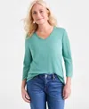 Style & Co Plus Size Cotton V-neck 3/4-sleeve Top, Exclusively At Macy's In Green