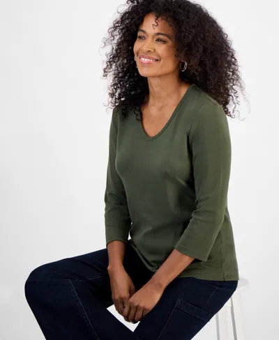 Style & Co Women's Cotton 3/4-sleeve V-neck Tee, Created For Macy's In Green
