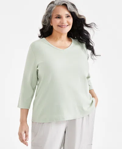 Style & Co Plus Size Cotton V-neck 3/4-sleeve Top, Created For Macy's In Louisiana