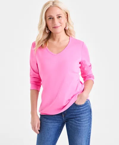 STYLE & CO WOMEN'S COTTON 3/4-SLEEVE V-NECK TEE, CREATED FOR MACY'S