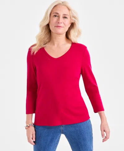STYLE & CO WOMEN'S COTTON 3/4-SLEEVE V-NECK TEE, CREATED FOR MACY'S