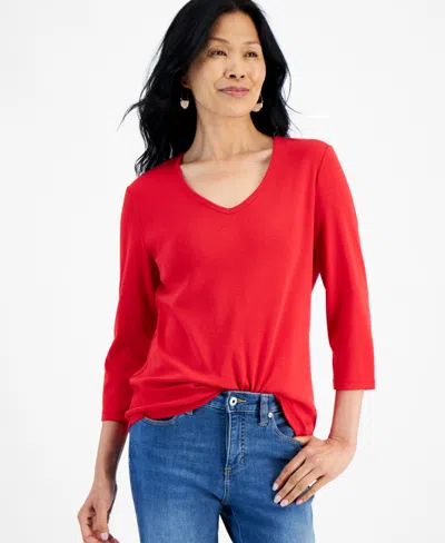 Style & Co Women's Cotton 3/4-sleeve V-neck Tee, Created For Macy's In Tango Red
