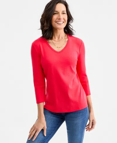 Style & Co Women's Cotton 3/4-sleeve V-neck Tee, Created For Macy's In Red