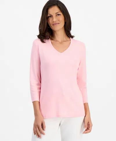 Style & Co Women's Cotton 3/4-sleeve V-neck Tee, Created For Macy's In Pink