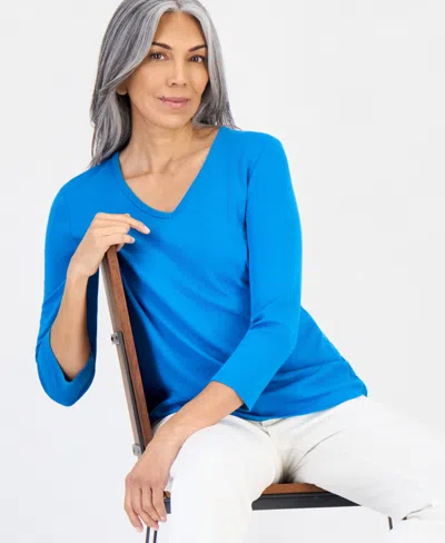 Style & Co Women's Cotton 3/4-sleeve V-neck Tee, Created For Macy's In Blue