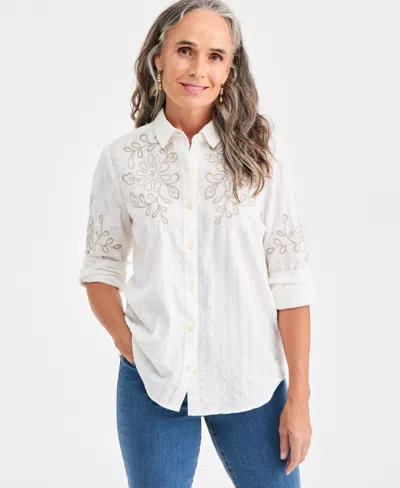 Style & Co Women's Cotton-blend Embroidered Perfect Shirt, Macy's Exclusive In White