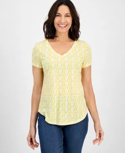 Style & Co Women's Cotton-blend Geo-print V-neck T-shirt, Exclusively At Macy's In Yellow