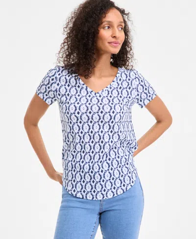 Style & Co Women's Cotton-blend Geo-print V-neck T-shirt, Exclusively At Macy's In Blue