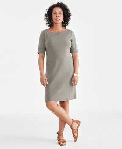 Style & Co Women's Cotton Boat-neck Elbow-sleeve Dress, Created For Macy's In Olive