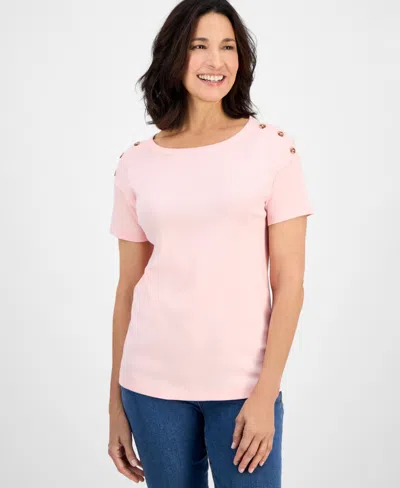 Style & Co Women's Cotton Button-shoulder Solid Top, Exclusively At Macy's In Pink