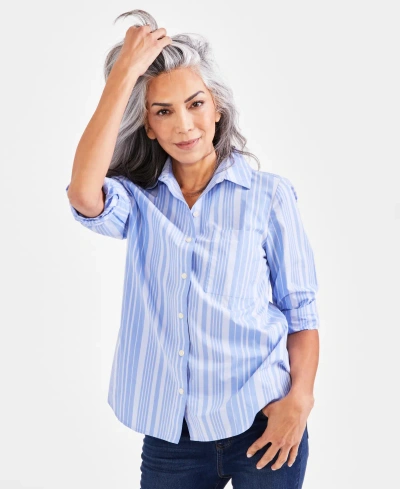 Style & Co Women's Cotton Buttoned-up Shirt, Created For Macy's In Blue Stripe