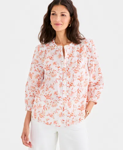 Style & Co Style Co Womens Cotton Button Front 3 4 Sleeve Top Macys Exclusive In Pink