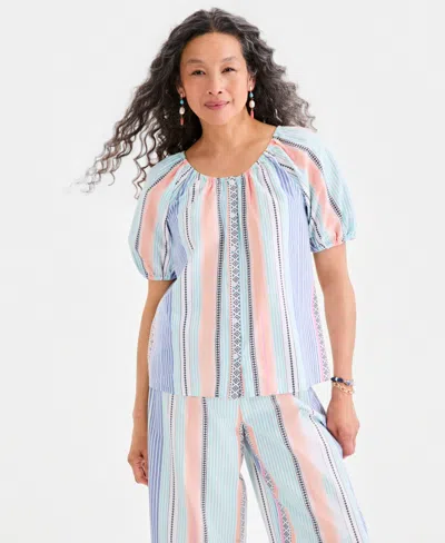 Style & Co Women's Cotton Button-front Puff-sleeve Top, Macy's Exclusive In Multi