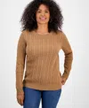 Style & Co Women's Cotton Cable-knit Crewneck Sweater, Created For Macy's In Brown