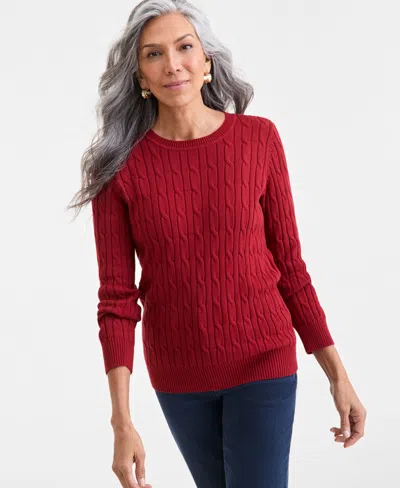 Style & Co Women's Cotton Cable-knit Crewneck Sweater, Created For Macy's In Burgundy
