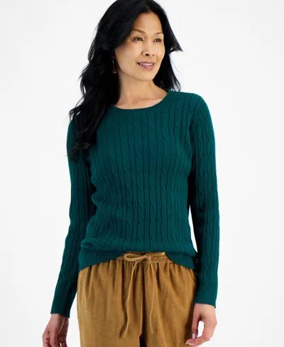 Style & Co Women's Cotton Cable-knit Crewneck Sweater, Created For Macy's In True Emerald