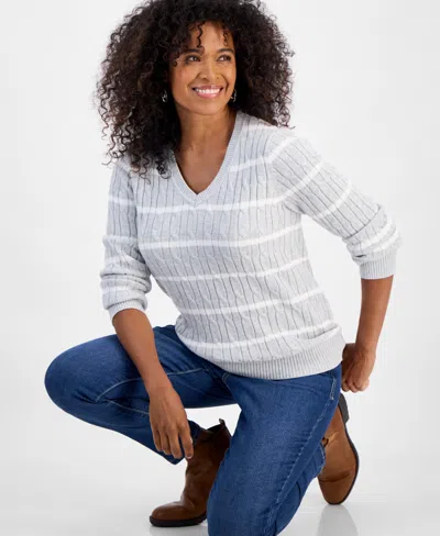 Style & Co Women's Cotton Cable-knit Striped Sweater, Macy's Exclusive In Gray