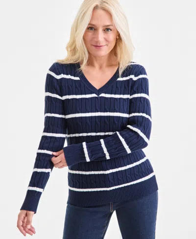 Style & Co Style Co Womens Cotton Cable Knit V Neck Sweater Created For Macys In Blue
