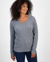 Style & Co Women's Cotton Cable-knit V-neck Sweater, Created For Macy's In Gray