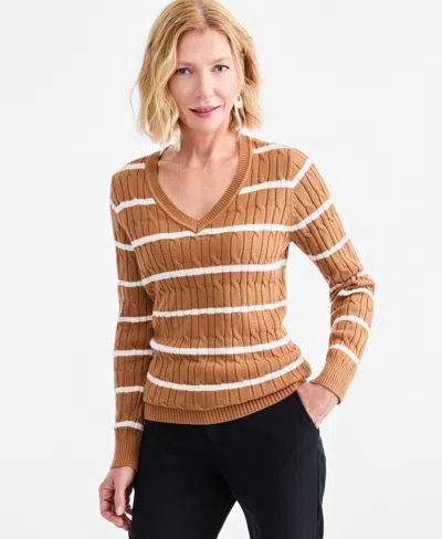 Style & Co Women's Cotton Cable-knit V-neck Sweater, Created For Macy's In Fresh Stripe Beechwood