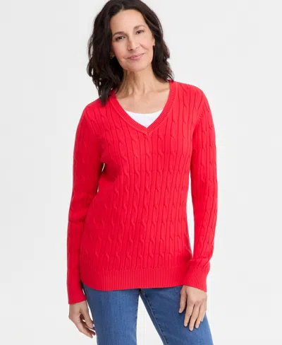 Style & Co Women's Cotton Cable-knit V-neck Sweater, Created For Macy's In Lollipop