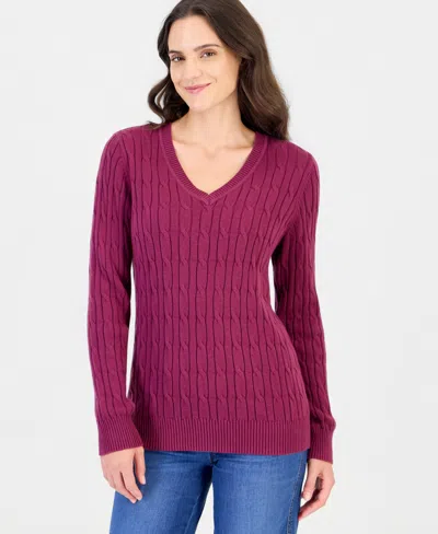 Style & Co Women's Cotton Cable-knit V-neck Sweater, Created For Macy's In New Brickberry